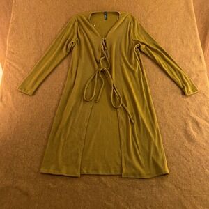 Goodtimeusa Womens 1X Mustard Yellow Ribbed Lace Up Front Duster Cardigan New